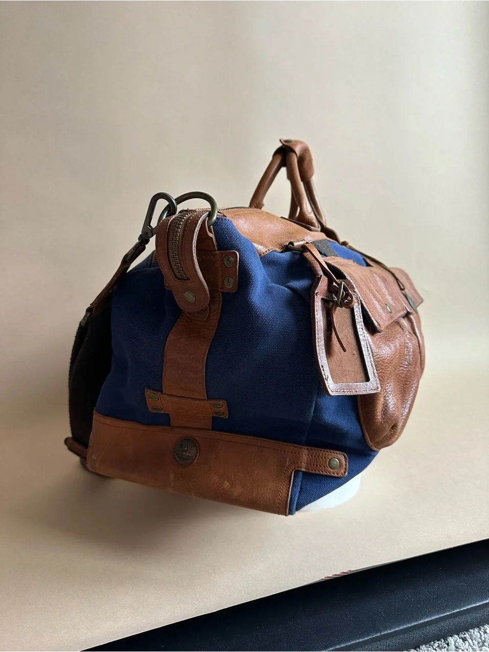 Will Leather Goods Blue Canvas Leather Duffel Bag Shoulder Strap Travel